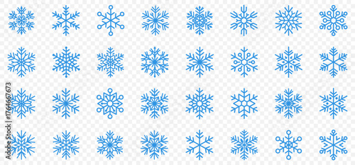 Set blue snowflake icons collection isolated on white background.