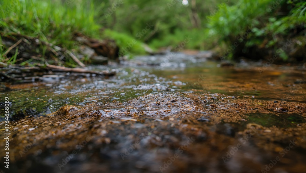 Fototapeta premium A tranquil brook winds gently through vibrant foliage, capturing nature's intricate beauty up close.