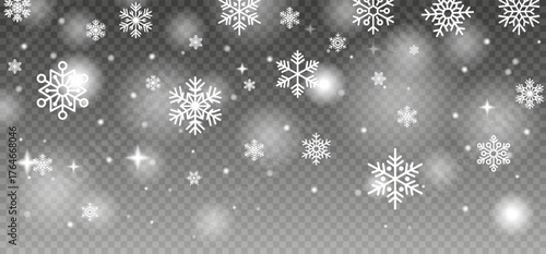 Falling snow on a transparent background.