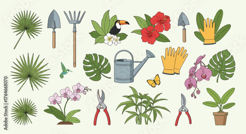 Gardening elements including tools plants and a toucan arranged against a light background