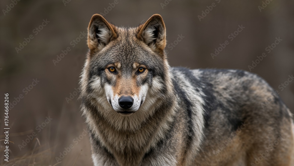 Fototapeta premium Close-up of a wolf looking directly at the lens with a soft-focused backdrop