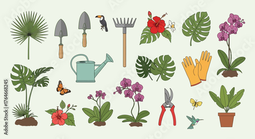 Garden icons tools plants flowers  fauna arranged on a light background