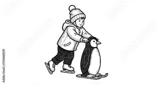 Child skating with penguin skating aid on ice rink in winter  