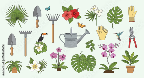Gardening icons tools gloves watering can  flora against light background