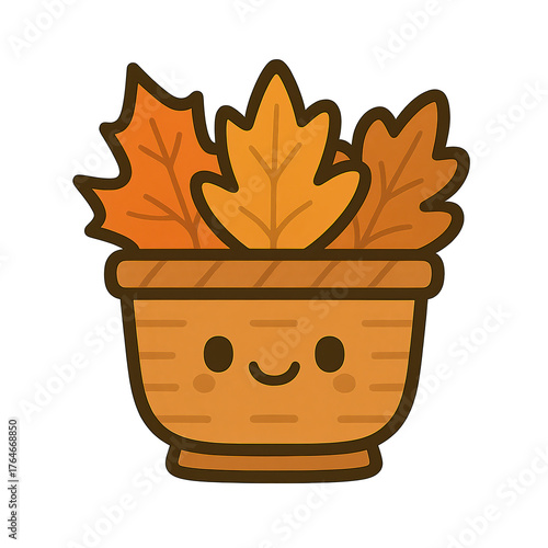 Cute Kawaii Clipart Collection of Smiling Pot with Colorful Autumn Leaves for Fun Designs.