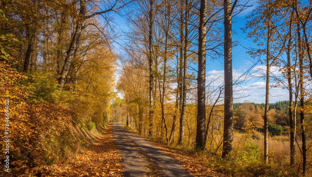 Fototapeta premium Forest trail blanketed with golden leaves during autumn