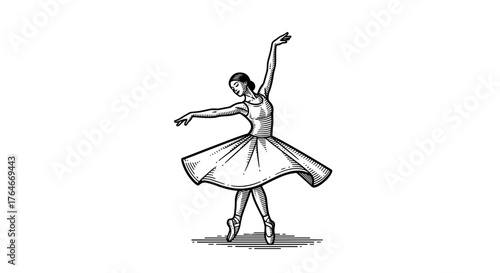Ballerina gracefully spinning in a tutu in black and white illustration  