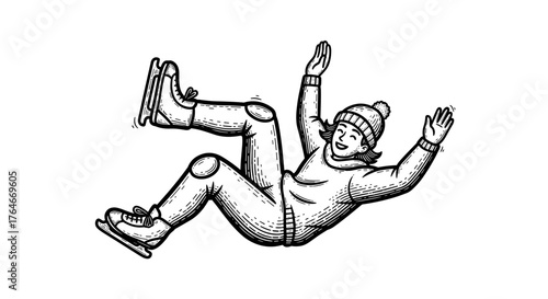 Young skater falling with a smile while ice skating in winter  