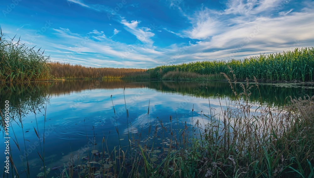 Fototapeta premium Reflection of the blue sky on a lake surrounded by reeds and water plants