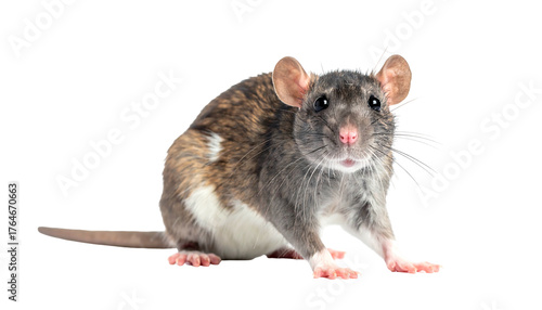 A brown and white rat sits against a black background. Its whiskers are prominent and eyes are shiny