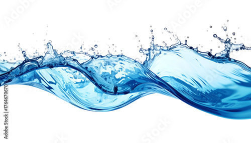 A brilliant wave crests with energetic splashes against a black backdrop, showcasing the water's vibrant hue