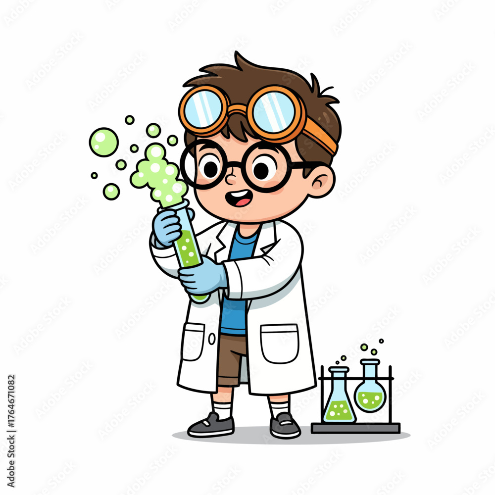 Obraz premium Cartoon illustration of a young boy scientist holding a bubbling test tube in a lab coat, with beakers nearby.