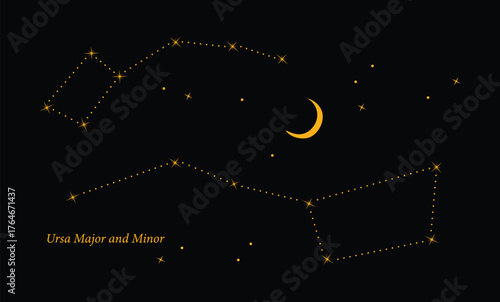 Big and Little Dipper constellation set simple doodle vector illustration, Ursa major and Minor astronomy symbol design element, stars, good for lines, poster, card, invitation, tattoo