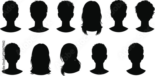 Black silhouette human head profiles with diverse hairstyles, gender neutral haircut collection, anonymous people icons, hairstyle variety, fashion design illustration