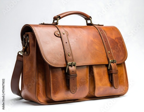 A close-up studio shot of a brown leather satchel with handle and shoulder strap