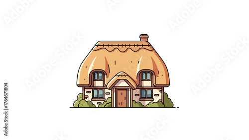 A cartoon thatched roof cottage with two windows on the upper level