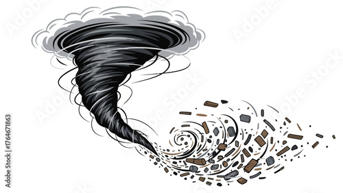 A cartoon tornado funnel with debris swirling
