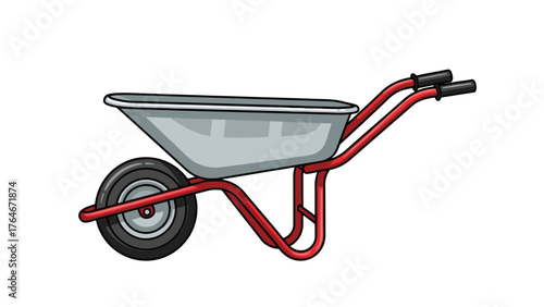 A cartoon wheelbarrow with a silver tub red frame and black handles