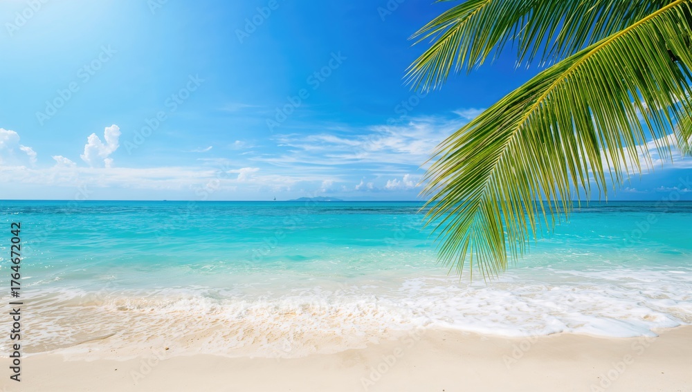 Fototapeta premium Scenic tropical seaside with turquoise waters, sandy shore, sunny blue skies, white clouds, and lush palm leaves, perfect for summer vacations and travel.