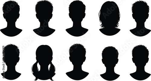 Human head profile silhouettes, hairstyle variation icons, male and female side view, black people symbols, hairstyle design set, diverse profile illustration