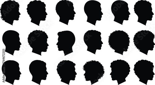 Human head profile silhouettes, diverse hairstyle icons, male and female side view, black people symbols, hairstyle design set, cultural profile illustration