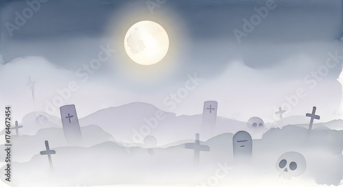 Foggy Graveyard Under the Full Moon at Night.