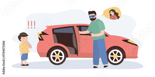 Stranger lures child into car. Keep away from strangers - Rule. Kidnapper Character Entices Child. Teach kids to never accept gifts, not talking,