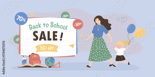 Back to School, sale and discount, banner with stationery. Mother and girl student walking shopping before school. Promotion poster with school supplies. Special offer, discount