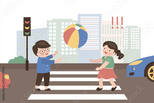 Girl and boy play with ball on road, violation road rules. Kids cross path, dangerous scene, playing ball roadway, sudden braking car. Warning, red signal,