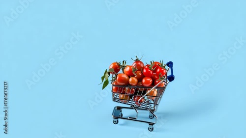Mini shopping cart filled with fresh cherry tomatoes on a light blue background, isolated with copy space—grocery, food, and retail concept.