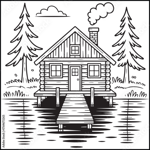 Cozy Log Cabin by the Lake Coloring Book Page – Relaxing Hand Drawn Forest House Line Art for Adult and Kids Coloring