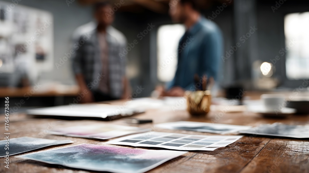 Obraz premium Two designers collaborating in a modern office reviewing design samples and project documents on a wooden table