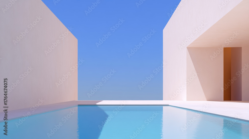 Fototapeta premium Minimal house, A minimalist courtyard house featuring a central water feature, showcased in a detailed 3D rendering.