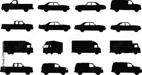 Vehicle silhouettes collection, car truck van SUV icons, cargo transport shapes, black automotive design set, vehicle classification grid, transport illustration pack