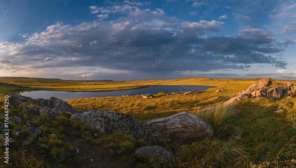 Obraz premium Breathtaking view of a rugged terrain featuring a serene lake and a beautiful sky
