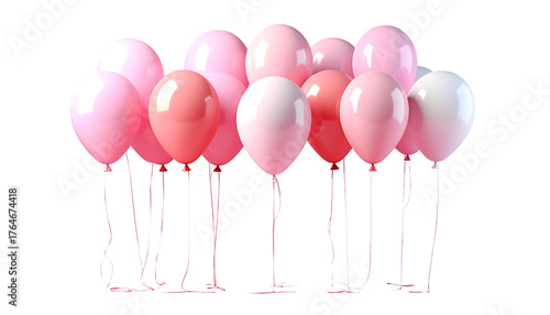 A cluster of pink and white helium balloons floats against a dark background, tied with curling ribbons