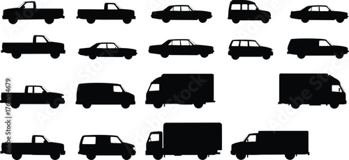 Silhouette vehicles collection, car truck van SUV icons, black transport shapes, automotive design set, vehicle classification grid, transport illustration pack