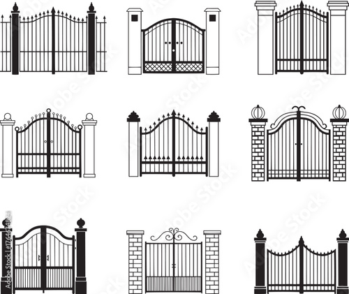 Collection of ornate decorative metal gates and fences architectural designs set silhouette