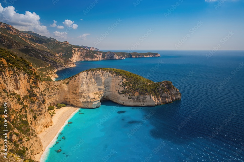 Obraz premium Aerial scenery of a coastal cove with turquoise waters and rocky shores during summer.