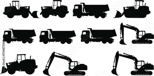 Silhouette construction vehicles, heavy machinery icons, excavator, bulldozer, dump truck, backhoe loader, front loader, industrial equipment, earthmoving machines, transportation