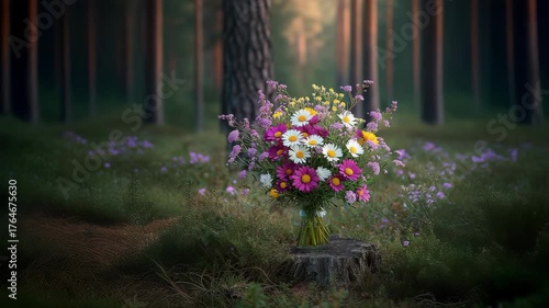 Wildflower bouquet in a glass jar on a tree stump, set in a serene forest clearing with soft evening light and bokeh. Rustic nature mood, daisies 