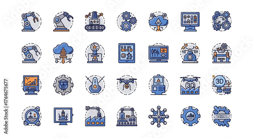 A collection of modern technology and data science icons in a blue and purple color scheme, featuring servers, globes, and gears in a flat, outlined style.