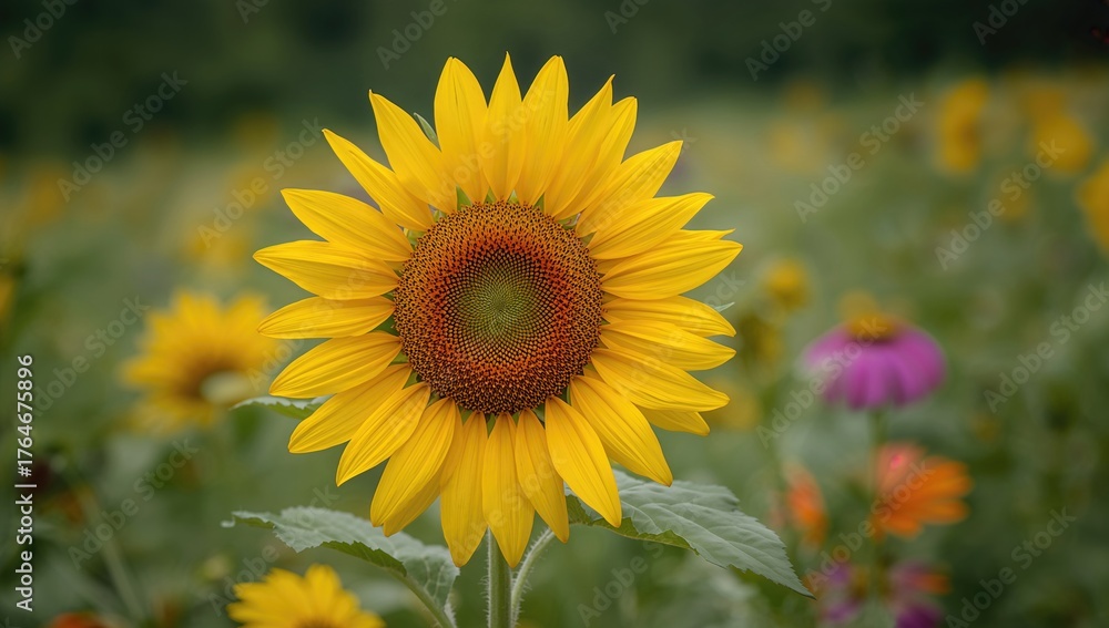 Fototapeta premium A radiant sunflower towers in a meadow, displaying vivid yellow petals and a deep brown core. Nearby blossoms enhance the warm summer atmosphere, emphasizing the splendor of nature.