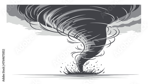 A dramatic black and white illustration of a swirling tornado on a plain background