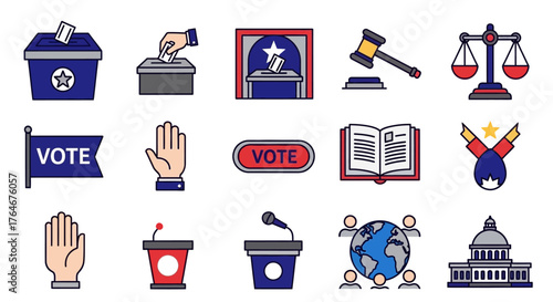 A colorful set of flat line icons representing elections, government, justice, and voting.