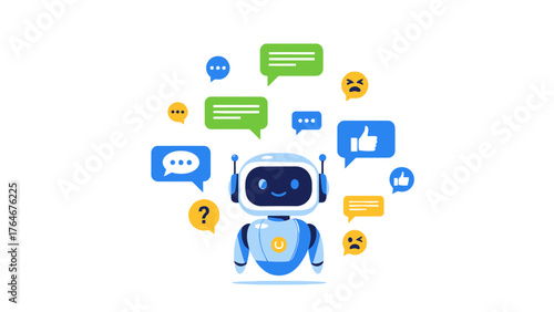 A friendly robot surrounded by speech bubbles with emojis and icons