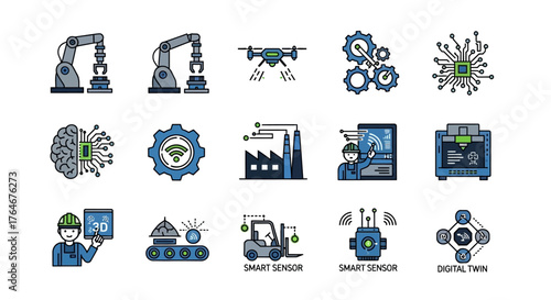 A detailed set of colored outline icons representing Industry 4.0, automation, robotics, and smart factory technology concepts.