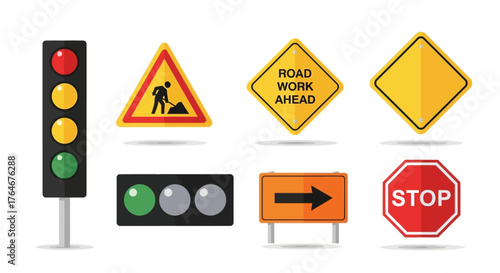 A diverse collection of vector illustrated traffic signs and signals for road safety and control.
