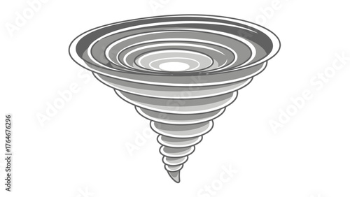 A grayscale illustration of a tornado funnelshaped and layered