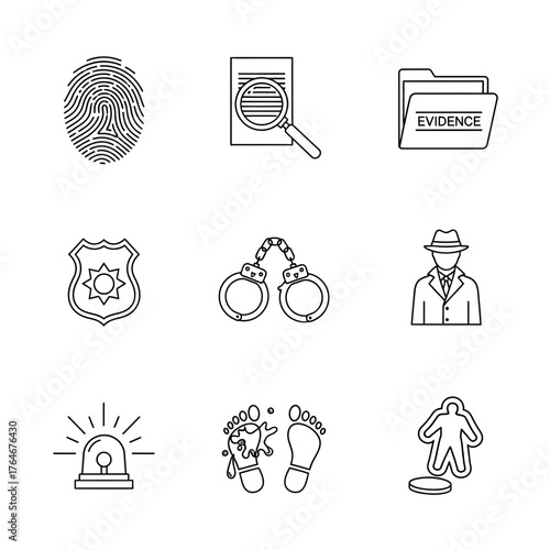 A set of nine black and white linear icons representing crime, law enforcement, and forensic investigation.